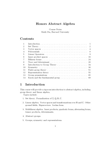 Honors Abstract Algebra (Course Notes, Math 55a, Harvard University)