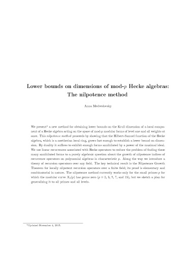 Lower bounds on dimensions of mod-p Hecke algebras: The nilpotence method