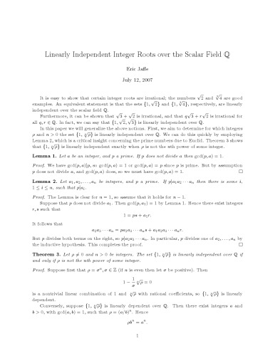 Linearly Independent Integer Roots over the Scalar Field Q