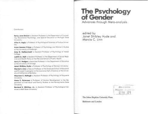 The Psychology of Gender: Advances through Meta-analysis