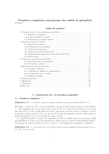 Nombres complexes, sous-groupe des unités et géométrie