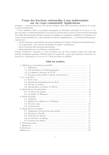 Corps des fractions rationnelles à une indéterminée sur un corps commutatif. Applications