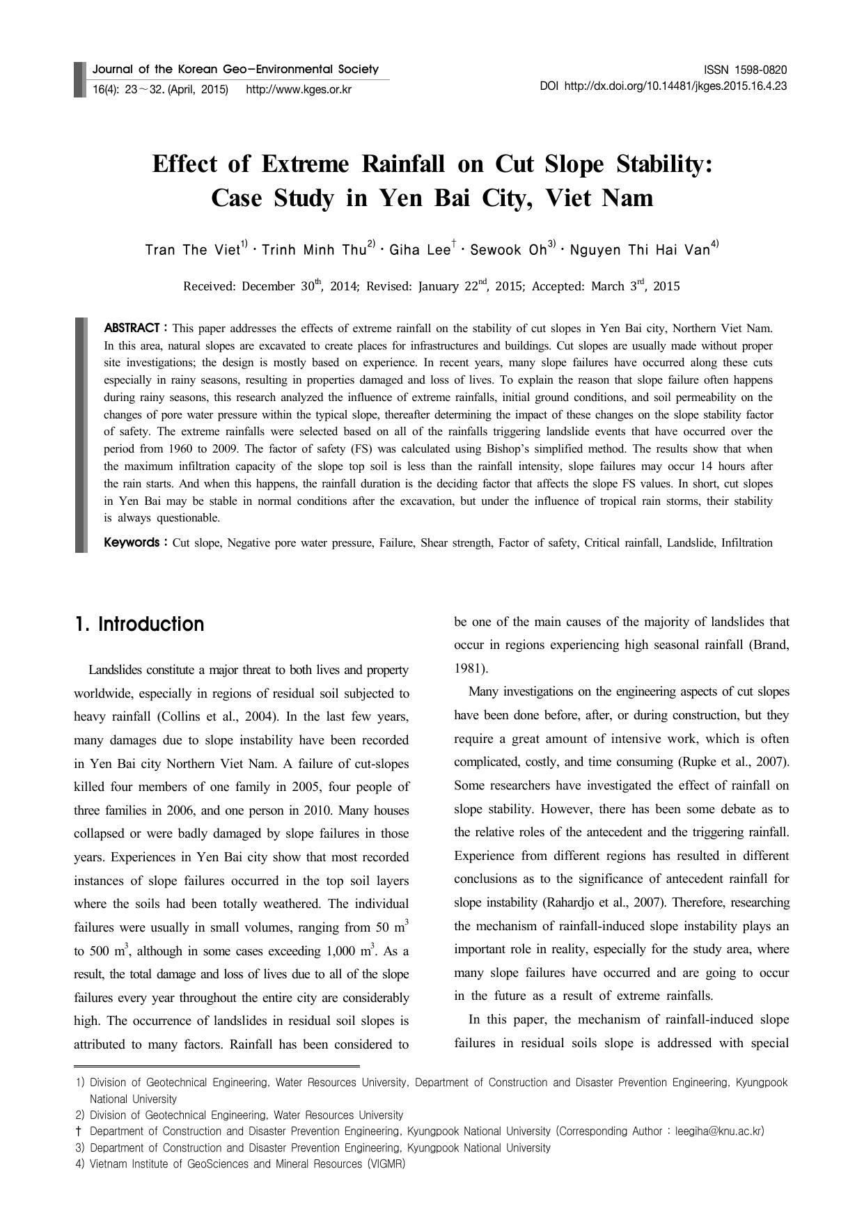 [Article] Effect of Extreme Rainfall on Cut Slope Stability: Case Study in Yen Bai City, Viet Nam