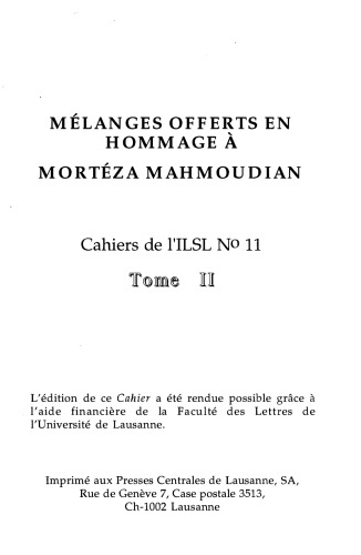 Cahiers de l’ ILSL n° 11 : Mélanges offerts en hommage à Mortéza Mahmoudian. Tome II