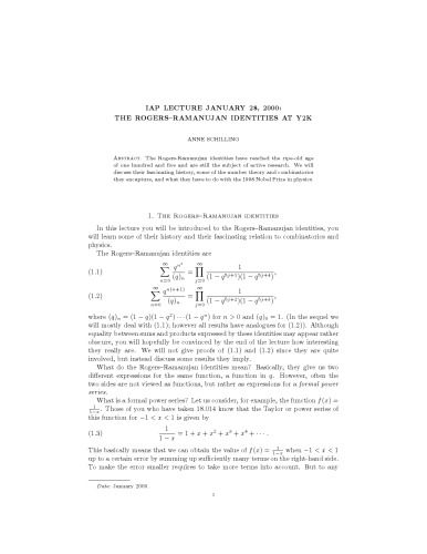 IAP Lecture January 28, 2000: The Rogers-Ramanujan identities at Y2K [expository notes]