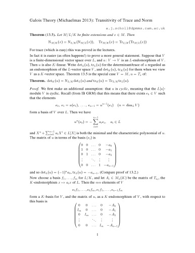 Galois Theory: Transitivity of Trace and Norm [Lecture notes]