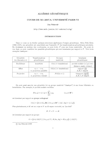 Algèbre géométrique, Part I: Géométrie affine et projective [Lecture notes]