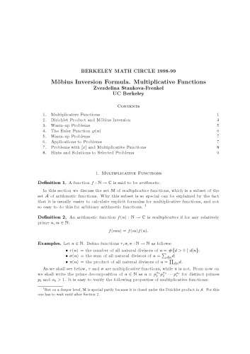 Möbius Inversion Formula. Multiplicative Functions