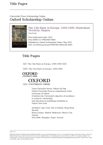 The City-State in Europe, 1000-1600: Hinterland, Territory, Region