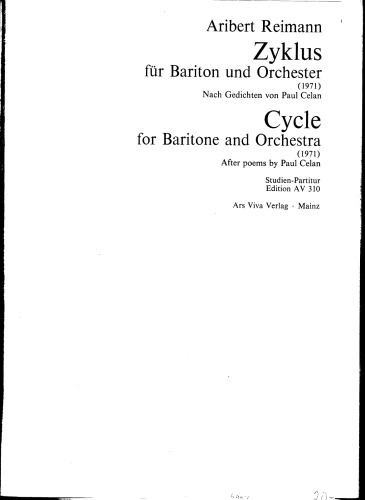 Zyklus, für Bariton und Orchester (1971) nach Gedichten von Paul Celan. Cycle, for baritone and orchestra (1971) after poems by Paul Celan