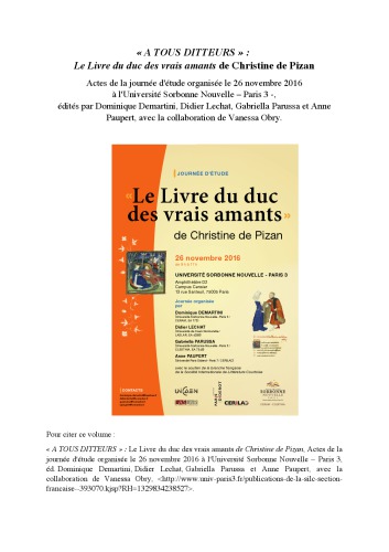 « A tous ditteurs » : Le Livre du duc des vrais amants de Christine de Pizan, Actes de la journée d’étude organisée le 26 novembre 2016 à l’Université Sorbonne Nouvelle – Paris 3