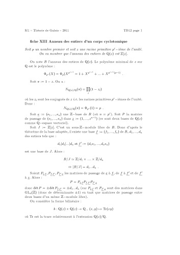 fiche XIII Anneau des entiers d’un corps cyclotomique