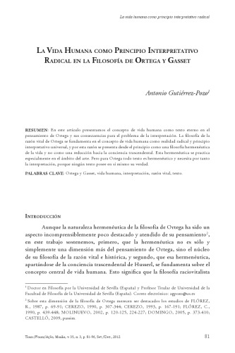 La vida humana como principio interpretativo radical en la filosofía de Ortega y Gasset