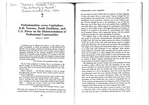 Professionalism versus Capitalism: R.H.. Tawney, Emile Durkheim, and C.S. Peirce on the Disinterestedness of Professional Communities