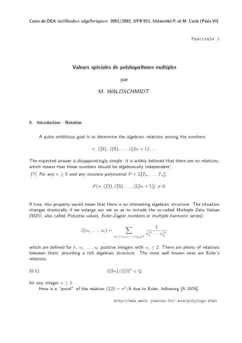 Valeurs spéciales de polylogarihmes multiples [Lecture notes]