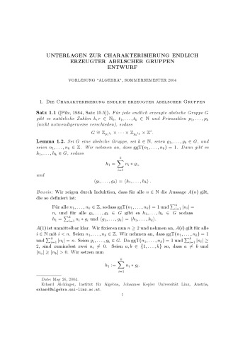 Unterlagen zur Charakterisierung endlich erzeugter abelscher Gruppen [Lecture notes]