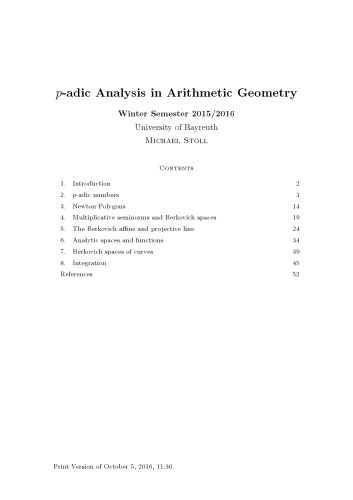 p-adic Analysis in Arithmetic Geometry, WS 2015/2016 [Lecture notes]