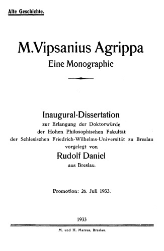 M. Vipsanius Agrippa, eine Monographie.