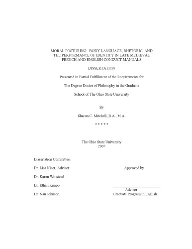 Moral posturing : body language, rhetoric, and the performance of identity in late medieval French and English conduct manuals [PhD diss]