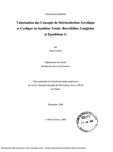Valorisation des concepts de stéréosélection acyclique et cyclique en synthèse totale: borrelidine, longicine et épothilone I2