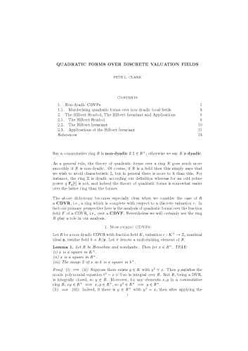 Quadratic Forms Over Discrete Valuation Fields [Lecture notes]