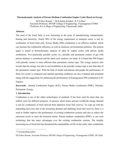 Thermodynamic Analysis of Porous Medium Combustion Engine Cycles Based on Exergy