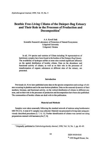 Benthic free-living ciliates of the Dnieper-Bug estuary and their role in the processes of production and decomposition