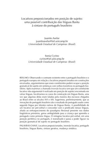 Locativos preposicionados em posição de sujeito: uma possível contribuição das línguas Bantu à sintaxe do português brasileiro