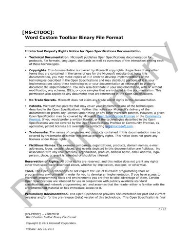 Microsoft Corp. Microsoft Office File Formats - MS-CTDOC: Word Custom Toolbar Binary File Format