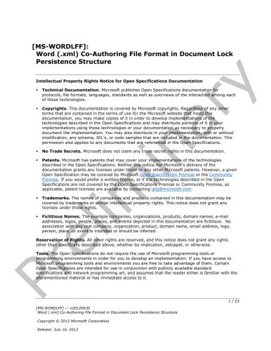 Microsoft Corp. Microsoft Office File Formats - MS-WORDLFF: Word (.xml) Co-Authoring File Format in Document Lock Persistence Structure