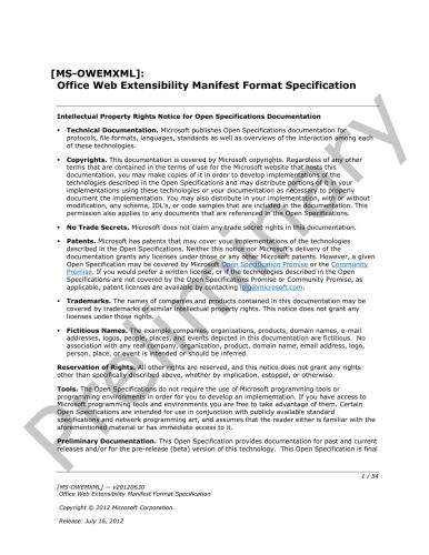 Microsoft Corp. Microsoft Office File Formats - MS-OWEMXML: Office Web Extensibility Manifest Format Specification