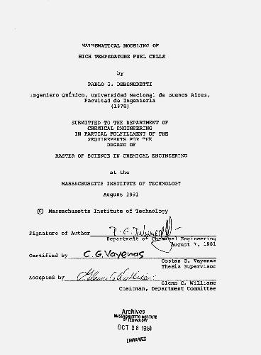 mathematical modelling of high temperature fuelcells
