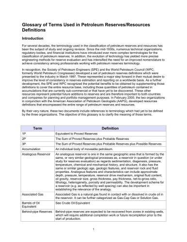 Glossary of Terms Used in Petroleum Reserves/Resources Definitions
