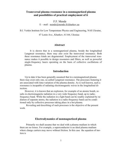 Transversal plasma resonance in a nonmagnetized plasma