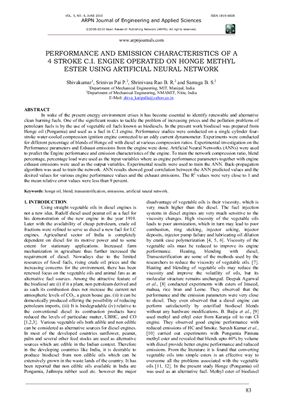 Performance and Emission Characteristics of a 4 Stroke C.I. Engine Operated on Honge Methyl Ester Using Artificial Neural Network