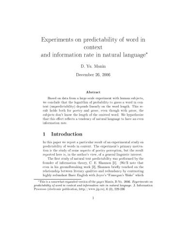 Experiments on predictability of word in context and information rate in natural language