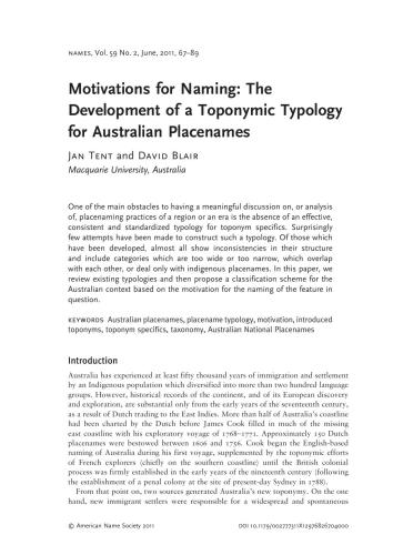 Motivations for Naming: The Development of a Toponymic Typology for Australian Placenames