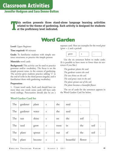 Classroom activities related to the theme of gardening