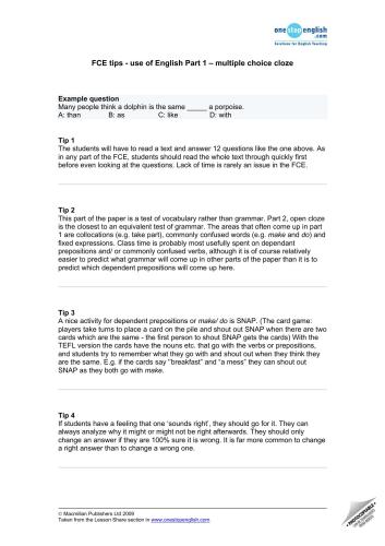 FCE: Use of English. Part 1. Multiple Choice Cloze. Teacher's notes. Top Tips