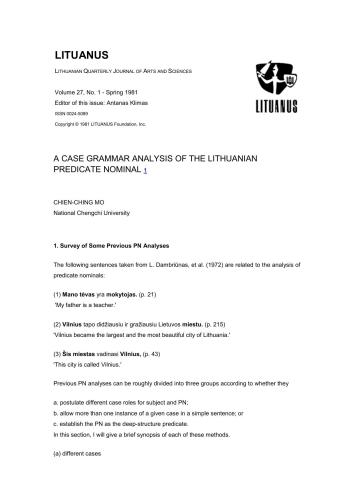 A case grammar analysis of the Lithuanian predicate nominal