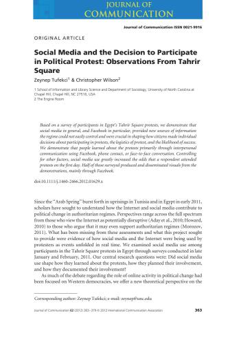 Social Media and the Decision to Participate in Political Protest: Observations From Tahrir Square