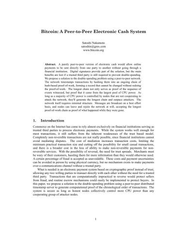 Bitcoin: A Peer-to-Peer Electronic Cash System