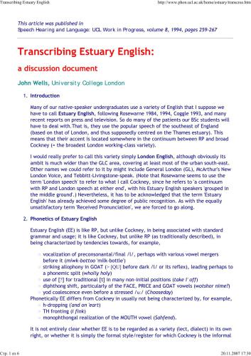 Transcribing Estuary English: a discussion document