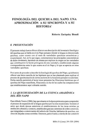 Fonología del quichua del Napo. Una aproximación a su sincronía y a su historia