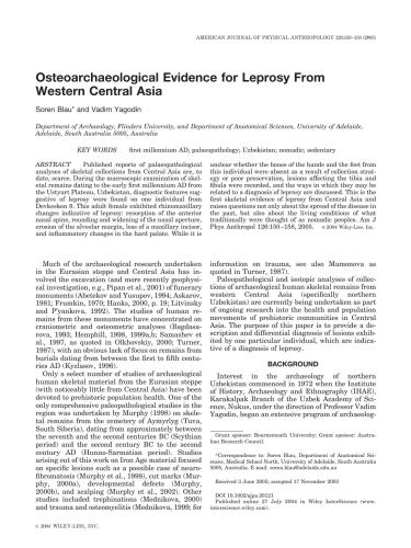 Soren Blau and Vadim Yagodin. Osteoarchaeological Evidence for Leprosy From Western Central Asia