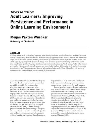 Adult Learners: Improving Persistence and Performance in Online Learning Environments