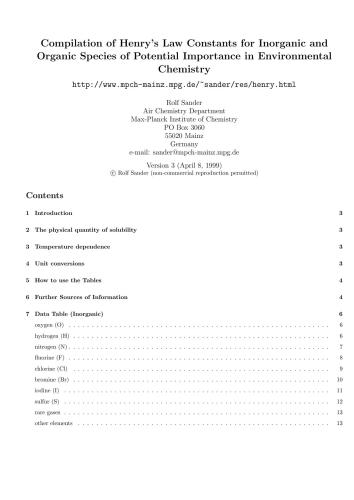 Compilation of Henry's Law Constants for Inorganic and Organic Species of Potential Importance in Environmental Chemistry