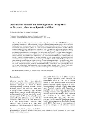 Resistance of cultivars and breeding lines of spring wheat to Fusarium culmorum and powdery mildew