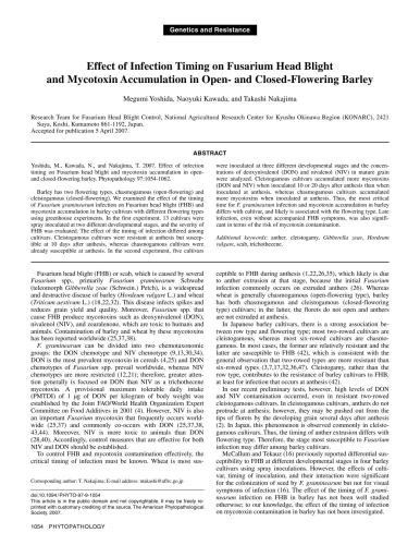 Effect of Infection Timing on Fusarium Head Blight and Mycotoxin Accumulation in Open- and Closed-Flowering Barley