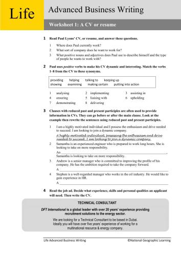 Life Advanced. Business Writing Worksheets With Answer Keys